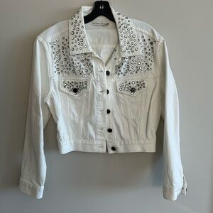 Alice + Olivia Rustic Embellished Cropped White Denim Jacket